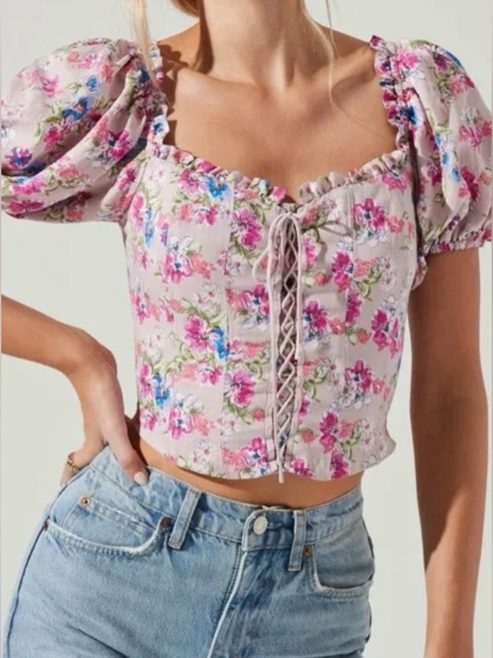 ASTR The Label Purple Floral Lace Up Corset Puff Sleeve Crop Top Sz‎ Large